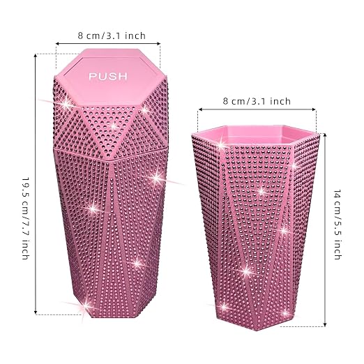 2 PCS Bling Car Trash Can with Lid, Bling Car Accessories Trash Bin, Leakproof Auto Garbage Can with 60 Trash Bags, Multipurpose Organizers and Storage for Home, Office (Pink Diamond)