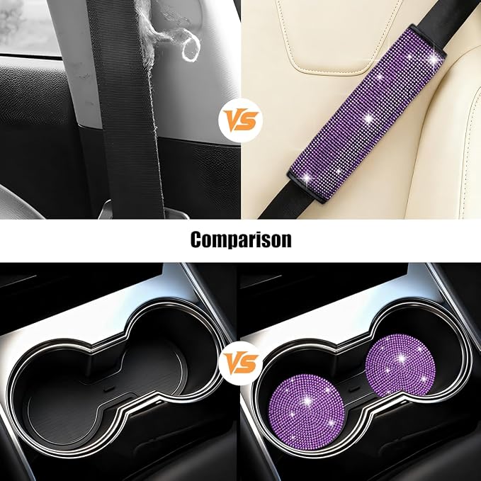 11PCS/Set Bling Car Accessories Set for Women, Rhinestone Vehicle Steering Wheel Cover Seat Belt Cushion Gear Shift Protector Cup Holder Coaster, Universal Automotive Accessories (Purple)