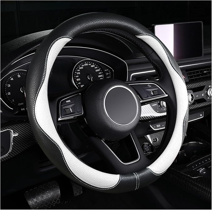 Steering Wheel Cover, Non-Slip Breathable Comfort PU Imitation Leather Cute Car Accessories for Women Girl, Universal Protector in All Season 15 inch Fit Most Car(White)