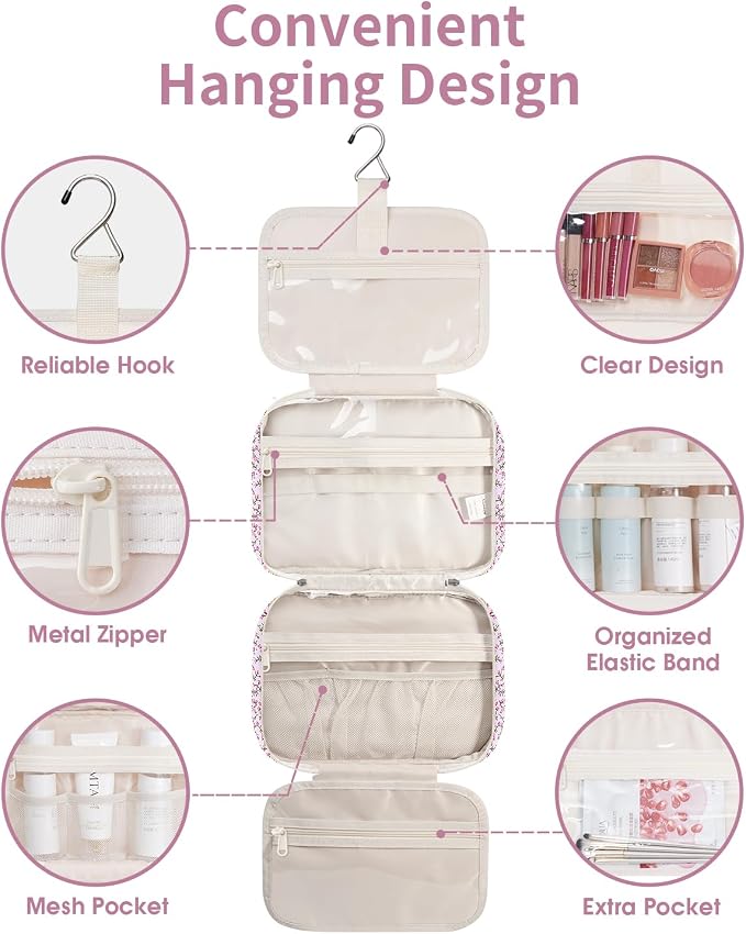 Hanging Toiletry Bag for Women Travel Makeup Bag Organizer Toiletries Bag for Travel Size Essentials Accessories Cosmetics (Pink Flower (Medium))