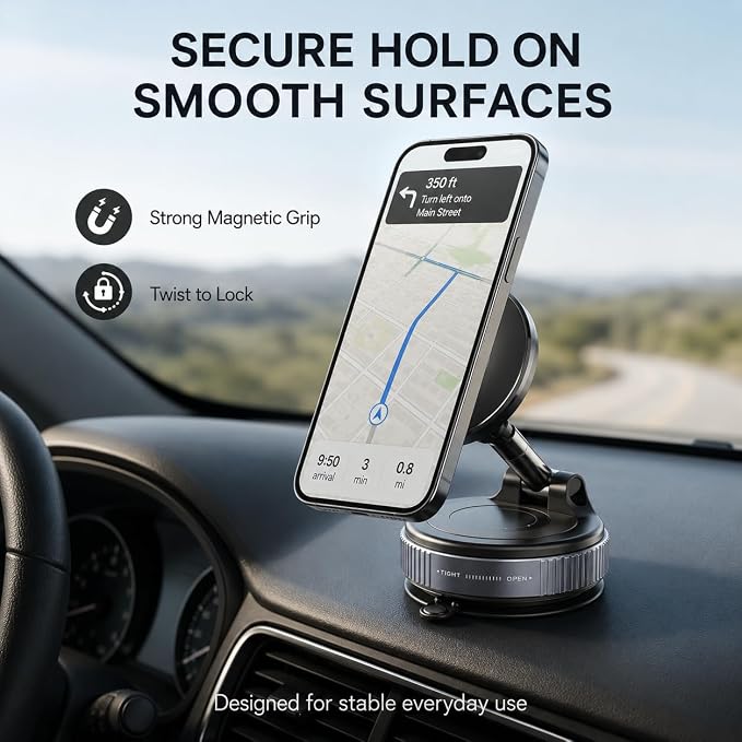 Vacuum Magnetic Phone Holder for Car, 96LBS Suction Cup & 2800gf Magnetic Hold, 360° Foldable MagSafe Car Mount for Dashboard, Windshield, Gym & Mirror, Compatible for iPhone 17–12 and Android