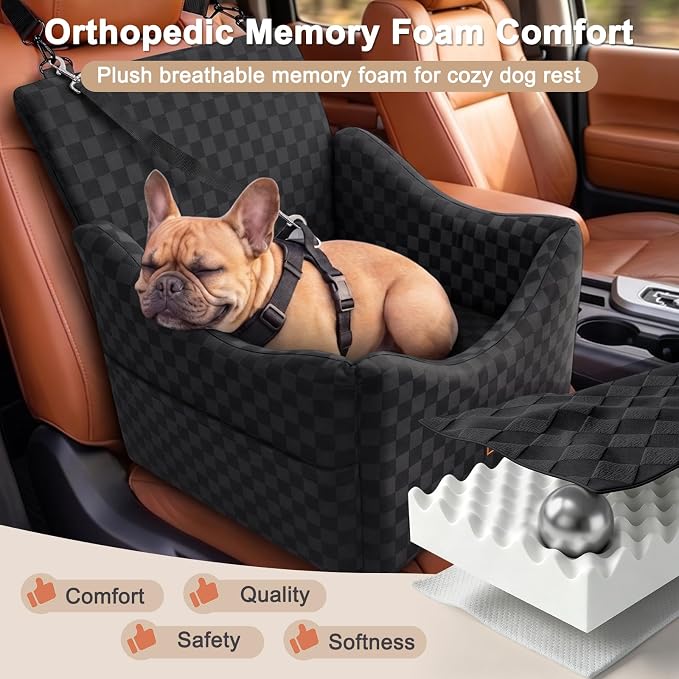 Elevated Dog Car Seat for Small/Medium Dogs up to 35 lbs, Memory Foam Booster Seat with Detachable Washable Cover, Travel-Safe Car Bed with Safety Belts & Storage Pockets, Black