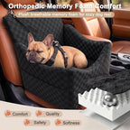 Elevated Dog Car Seat for Small/Medium Dogs up to 35 lbs, Memory Foam Booster Seat with Detachable Washable Cover, Travel-Safe Car Bed with Safety Belts & Storage Pockets, Black