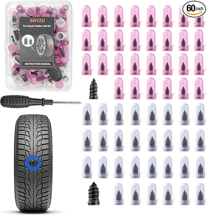Tire Repair Rubber Nail Kit, Premium Spiral Screw-in Tire Plugs with 2 Sizes, Emergency Roadside Flat Tire Fix Tool for Car Truck Motorcycle Tractor ATV SUV - Fast Self Service Repair, 61 PCS