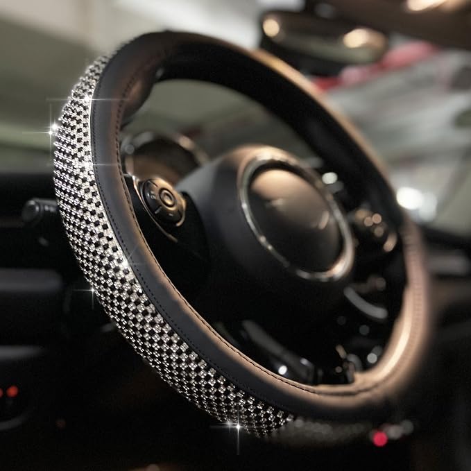 Large Size Bling Comfy Steering Wheel Cover with Jumbo Crystal Rhinestones, Anti-Slip Diamond Leather, 15.5-15.75 Inch (Black)