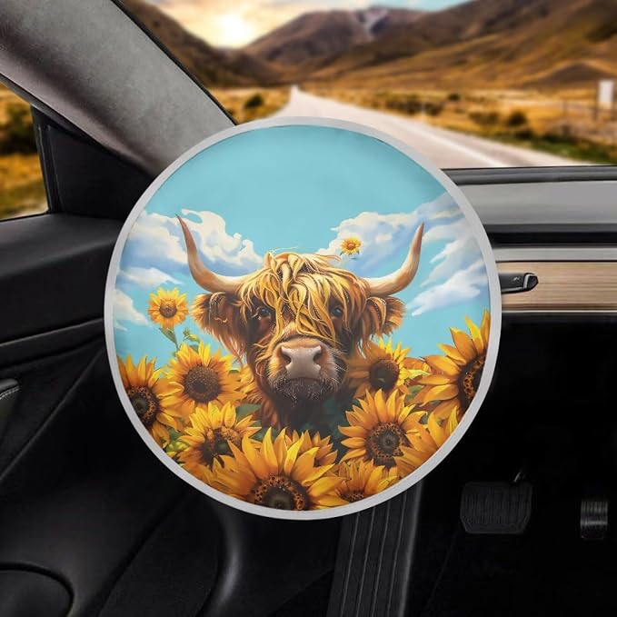Sunflower Highland Cow Steering Wheel Sun Shade Cover Anti-Heat Steering Wheel Sun Block Cover,Cute Auto Accessories Interior Car Steering Wheel Cover for Women,17 inch Universal Fit