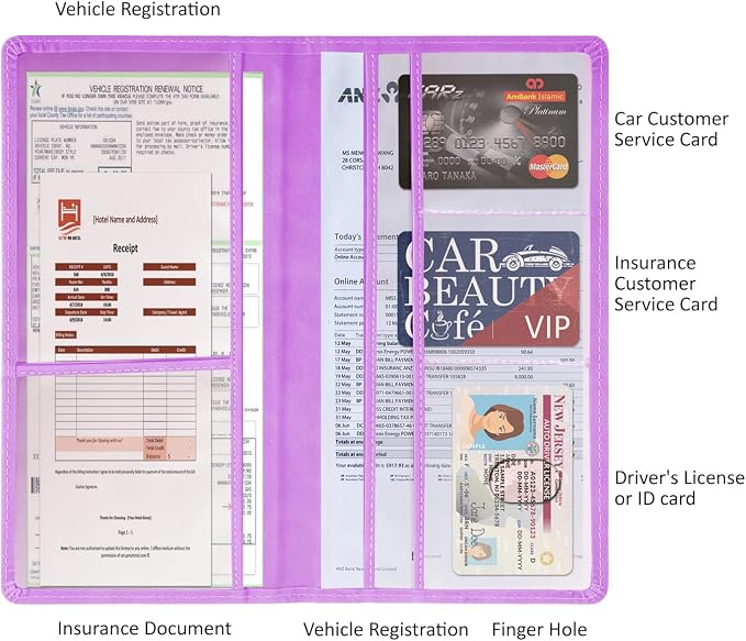 Car Accessories Registration and Insurance Holder,Leather Essential Card Magnetic Shut Vehicle Glove Box Organizer Case for Auto Driver License Document Truck Motorcycle Boat-Purple