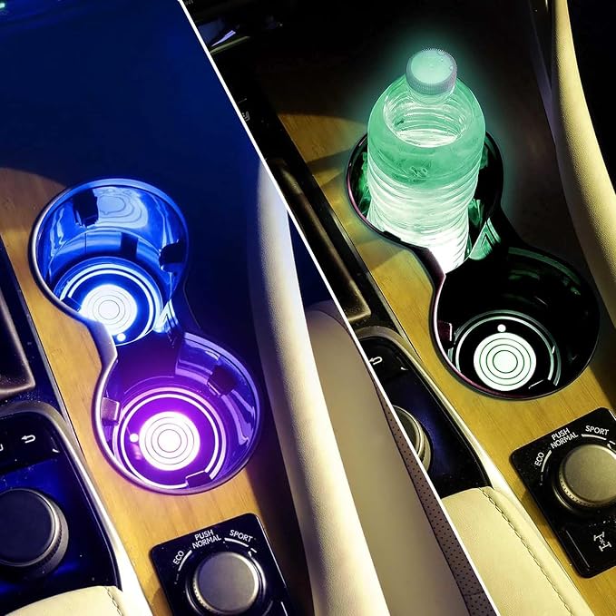 2PCS LED Car Cup Holder Lights, Car Coasters for Cup Holders 7 Colors Changing USB Charging Mat Waterproof Cup Pad, Car Gifts for Men & Women