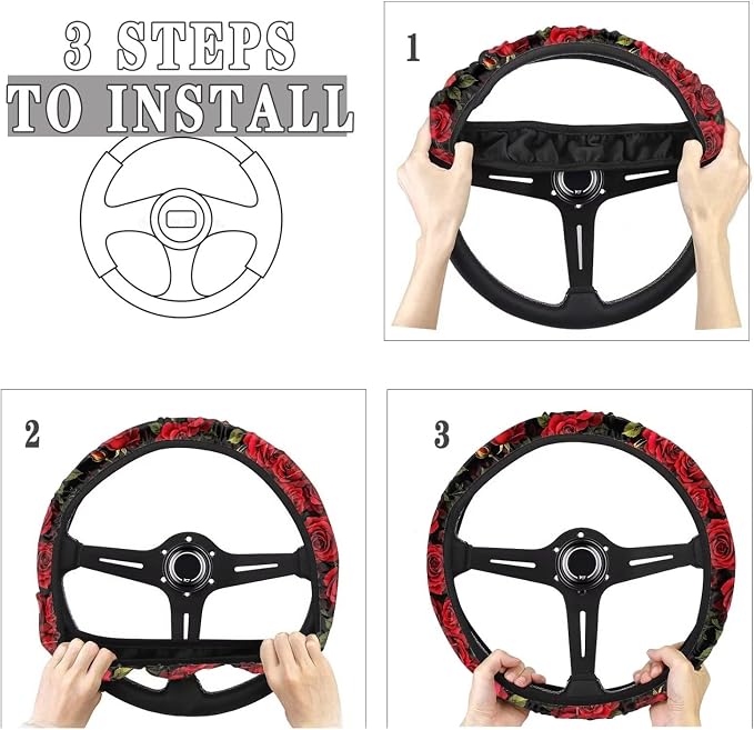14-15 in Car Steering Wheel Cover Stretch-on Comfortable Grip | Universal Fit Most Car Sedans SUVs, Red Rose Print, Breathable Steering Wheel Protector