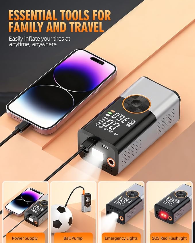 Tire Inflator Portable Air Compressor, Cordless Tire Pump with LED Super Bright Light for Car, Bicycle, Motorcycle