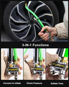 Tire Inflator with Gauge-10-120PSI, 3-in-1 Inflate, Deflate & Measure, Dual-Head & Lock-On Chuck, Tire Pressure Gauge with Rubber Hose, Compatible with 1/4" NPT Air Compressor