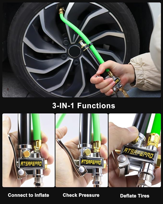 Tire Inflator with Gauge-10-120PSI, 3-in-1 Inflate, Deflate & Measure, Dual-Head & Lock-On Chuck, Tire Pressure Gauge with Rubber Hose, Compatible with 1/4" NPT Air Compressor