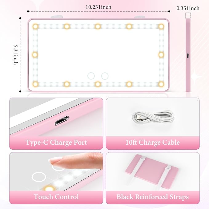 Car Sun Visor Vanity Mirror - Rechargeable Makeup Mirror with 60 LEDs, 3 Light Modes & Dimmable Touch Control for Cars, Trucks, SUVs, Car Interior Accessories for Women (Pink)