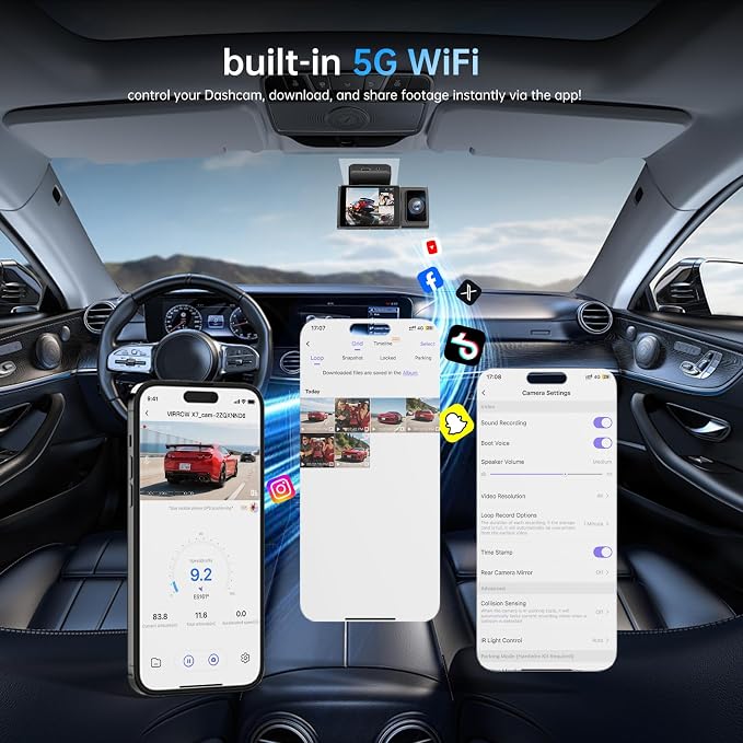 3 Channel Dash Cam: 4K+1080P+1080P-Dash Cam Front and Rear Inside with Free 64GB Card & 5GHz WiFi - Dash Camera for Cars with IR Night Vision APP Control Parking Mode G-Sensor Loop Recording(X7)