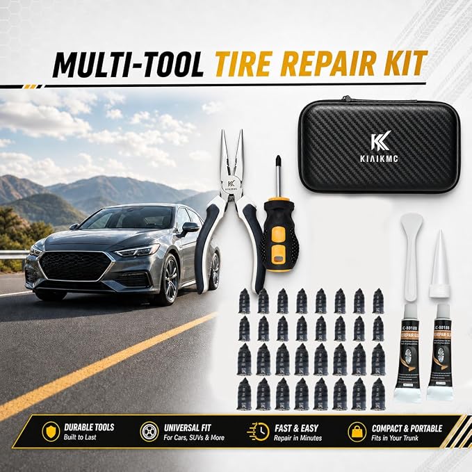 Tire Repair Screws Kit, Screw in Tire Plugs for Emergency Puncture Repair, Rubber Nail Screw in Tire Plug Kit with Pliers, Screwdriver & Rubber Cement for Tubeless Tires