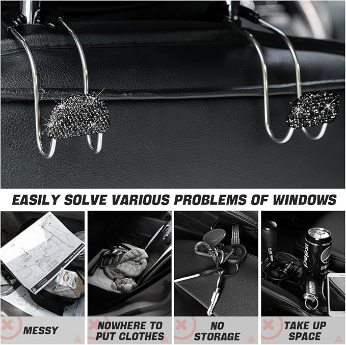 Car Headrest Hook, 2 Pack Bling Backseat Organizer Hanger for Purse Clothes Grocery Bag, Rhinestones Auto Headrest Storage Holder, Universal Car Seat Accessories for Most Vehicle (Black)