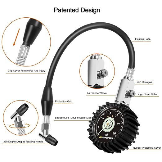 Low Pressure Tire Gauge to 30PSI, 2.5” Mechanical Tire Gauge with Flexible Hose and Angled Chuck, Analog Air Pressure Gauge Glow in The Dark for ATV, Off Road, Lawn Mower Etc