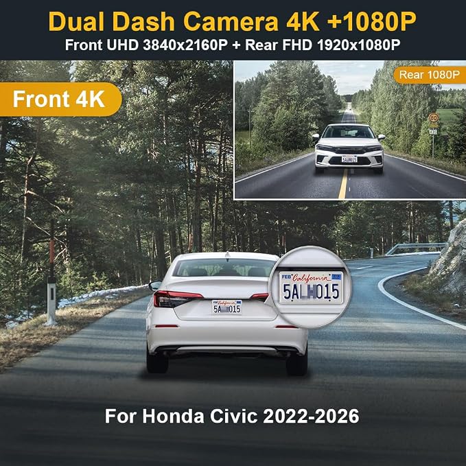 Front 4K+Rear 1080P Dash Cam Adapts for Honda Civic 2022-2026 (Grey Cover) & Type R Si, OEM Factory Look, 2 Way HD Video, WiFi & APP, Loop Recording, G-Sensor, Easy to Use, 128GB Card