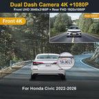 Front 4K+Rear 1080P Dash Cam Adapts for Honda Civic 2022-2026 (Grey Cover) & Type R Si, OEM Factory Look, 2 Way HD Video, WiFi & APP, Loop Recording, G-Sensor, Easy to Use, 128GB Card