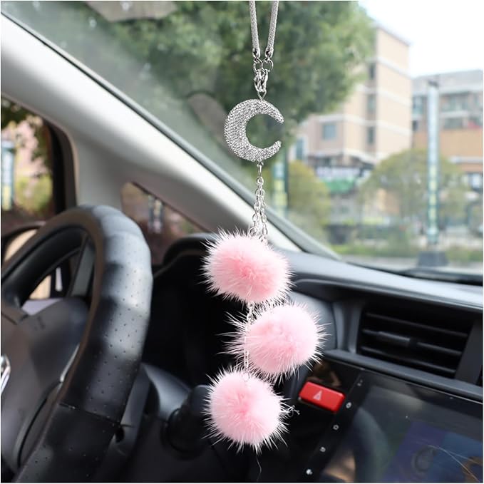 Bling Diamond Heart Car Interior Accessories, Car Mirror Hanging Ornament for Women, Love Heart & Pink Plush Ball Decor Ornament Pendant (Moon/Pink)