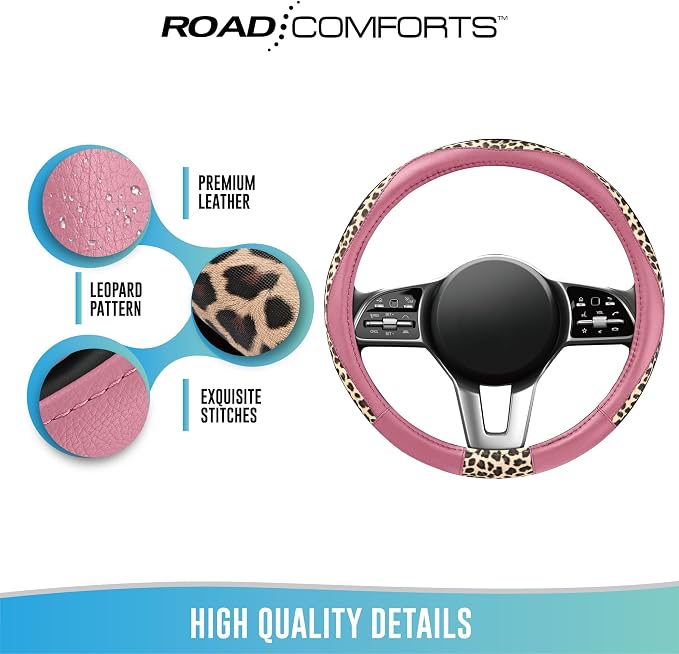 Steering Wheel Cover - Made with PVC Leather and Leopard Fabric - Universal 14 1/2 inches to 15 inches for Most Automotive Steering Wheel - Cheetah Print -Pink
