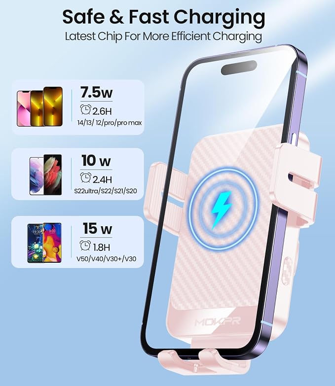Wireless Car Charger, 15W Fast Charging Auto-Clamping Car Mount Hands-Free Car Charger Mount for Dash Windshield Air Vent Compatible with iPhone 16 15/14/13/12, Samsung S23/S22/S21 Pink