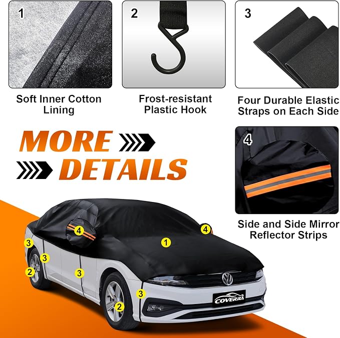 Half Car Cover Sedan, Hail Protector Car Cover with Cotton Liner, Sunroof & Windshield Cover for Ice and Snow, All Weather Vehicle Body Cover for Sun, Rain, Dust