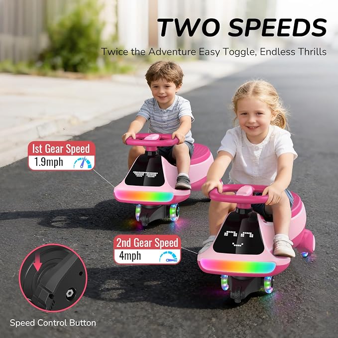 12V Electric Wiggle Car for Kids with Pedal, Display, Rechargeable Battery, LED Light, Bluetooth, Light-Up Wheels, Anti-Rollover, 2 Speeds, Ride on Toys, Birthday Gifts for Age 3+, 150Lbs