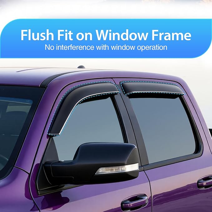 Tape-On Window Visors for Ram 1500 Crew Cab (New Body Style) 2019 2020 2021 2022 2023 2024 2025, Outside Mount Rain Guards Vent Visors Window Deflectors, Smoke Tint, 4PCS