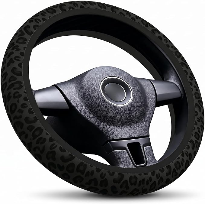 15 Inch Neoprene Steering Wheel Cover Non-Slip (Black Leopard Print)