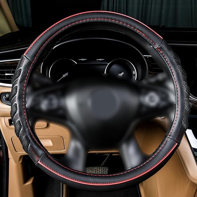 car Steering Wheel Cover Faux Leather Massage Universal fit 3D Honeycomb Hole Anti-Slip Sporty 15 Inches (Red Black)