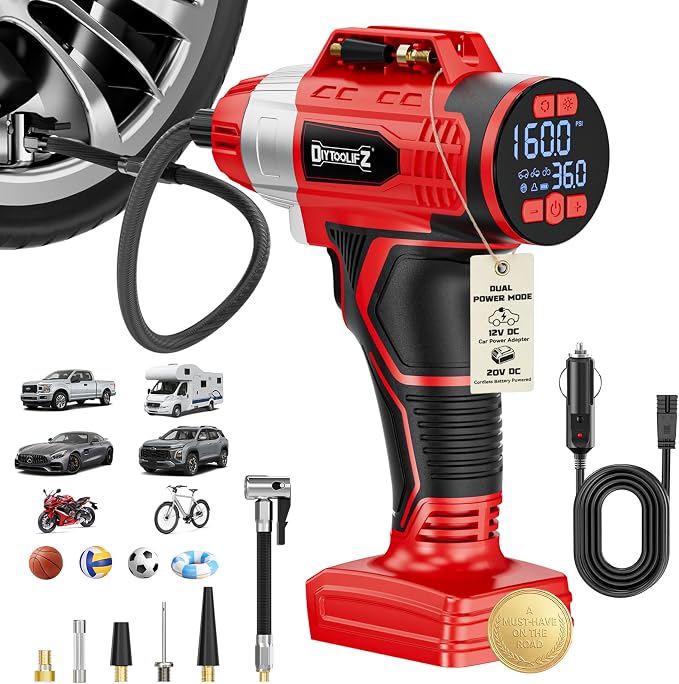 160PSI Cordless Tire Inflator Compatible with Milwaukee 18V Battery, DC 12V Portable Air Compressor with Digital Pressure Gauge, 2X Faster Air Pump for Car, SUVs, Motor, Ball (Tool Only)