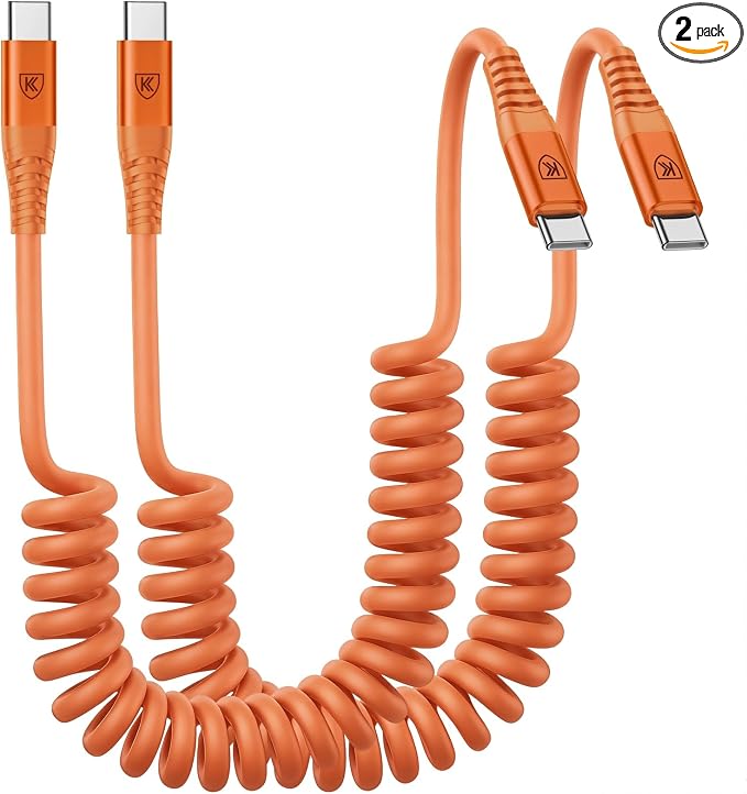 USB C to C Cable 3FT, 2Pack Coiled USB C Fast Charging Cable for CarPlay, iPhone USB-C Cable/Android Auto USB C Cord, USB Type-C Cable for iPhone 17/16/15/Pro Max/Plus/Galaxy S26 S25 and More-Orange