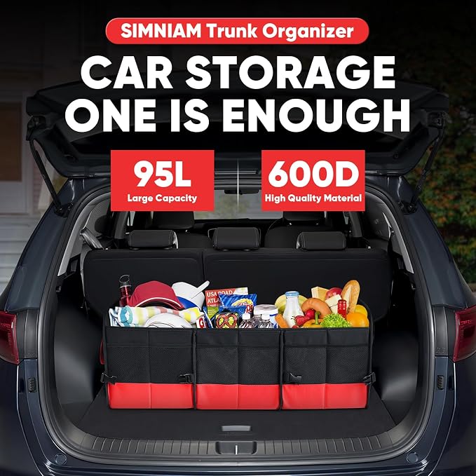 Large Trunk Organizer for Car, Foldable Multi Compartment Car Trunk Organizer with 2 Retractable Straps, Suitable for All Kinds of Cars, SUV, Minivan - 4 Compartments Red