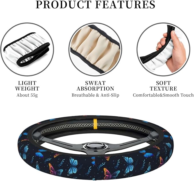 Fancy Butterflies Elastic Steering Wheel Cover Non-Slip Breathable Steering Wheel Protector Fit Auto, SUVs, Truck