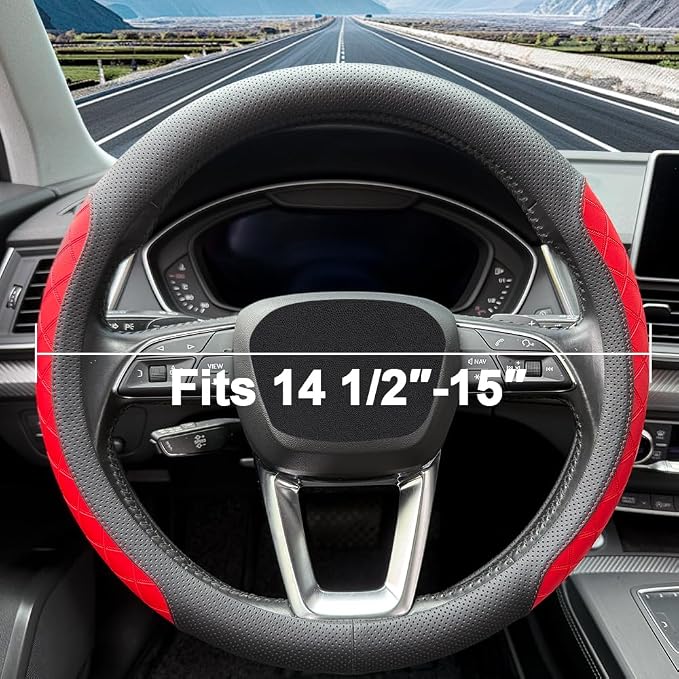 Nappa Leather Steering Wheel Cover, Elegant Diamond Checkered Design, Non-Slip wear-Resistant, Enhance Driving Comfort, Suitable for Steering Wheel Diameter 14 1/2‘-15’ Models.Black Red