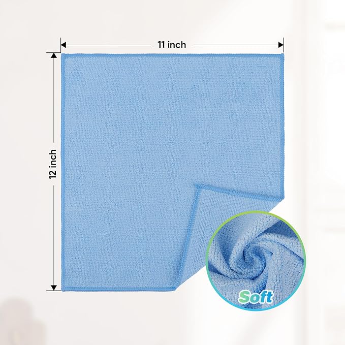 Blue Microfiber Cleaning Cloth, 24 Pack Absorbent Cleaning Rags, Lint-Free, Streak-Free Cleaning Towels for Car Kitchen House, 12"X11"
