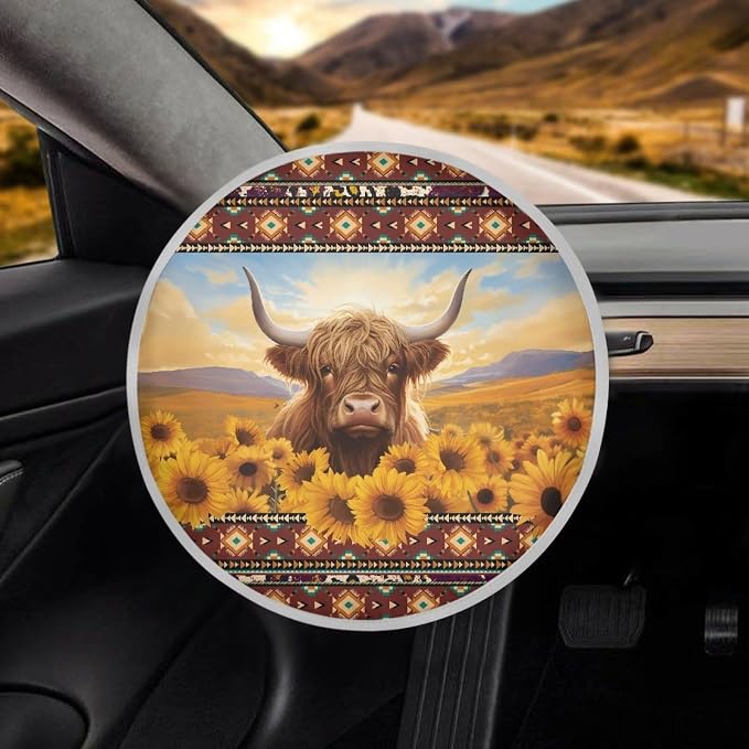 Aztec Steering Wheel Cover Sun Shade 17 inch Cute Highland Cow Sunflower Car Steering Wheel Accessories for Women Universal Steering Wheel Protection Heat Reflector for Most Cars SUV Trucks