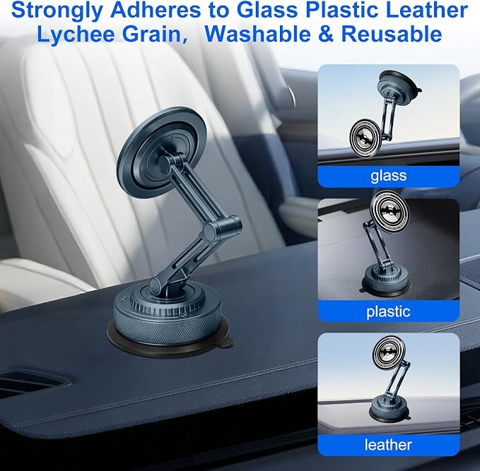 PIEPIE All-Metal Alloy Long Arm Magnetic Suction Cup Car Phone Mount Holder | Strong Powerful Magnetic Heavy-Duty Windshield Dash 360° Mechanical Rotation Cell Mobile Phone Vehicle Bracket for All Cars