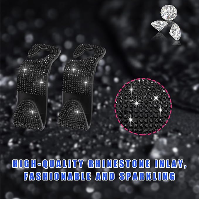 2 PCS Bling Car Seat Headrest Hooks, Crystal Rhinestone Back Seat Hanging Storage Organizer, Vehicle Seat Hanger Holder for Purse Handbag Coat, Interior Car Accessories (Black)