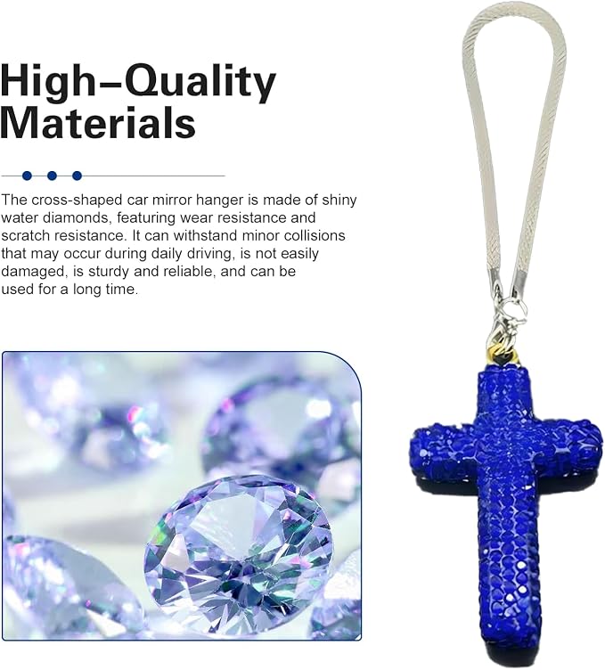 Bling Cross Car Hanging Accessories, Crystal Rhinestone Rear View Mirror Pendant, Religious Rearview Mirrors Decoration Charm, Car Hanging Ornament, Automotive Interior Accessories (Dark Blue)