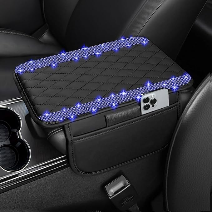 Bling Car Center Console Cover, Leather Car Arm Rest Cover Cushion with 2 Storage Bags, Universal Automotive Armrest Protector Storage Box, Bling Accessories Interior for Most Vehicles (Blue)