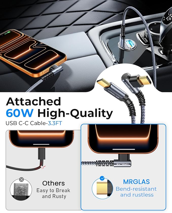 90W Fast iPhone 17/16 Car Charger, USB C Car Charger with Type C Cable, PD45W & QC45W, Flush Fit, All Metal, Cigarette Lighter RV Power Adapter for iPhone 17 16 Samsung S26 S25 Ultra Pixel 10