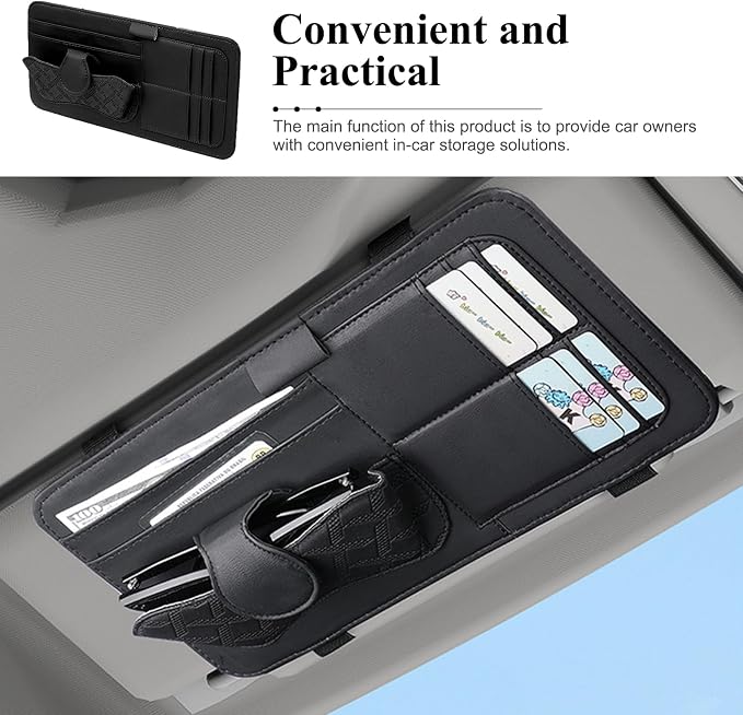 Car Sun Visor Organizer, Leather Multi-Pocket Auto Visor Storage Pouch for Sunglasses Cards License, Waterproof Car Interior Space-Saving Accessories, Universal for Most Cars (Black)