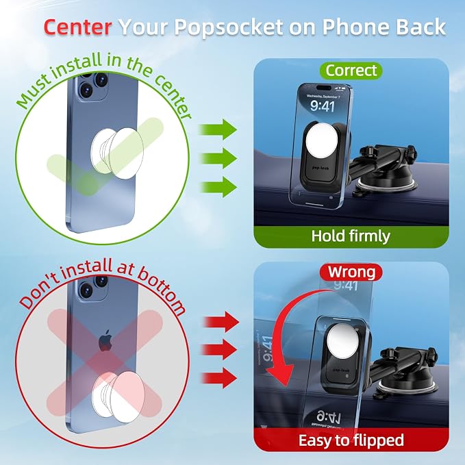 Car Phone Mount for Pop Socket: Suction Cup Cell Phone Holders for Automobile Dashboard Windshield Window - Dash Mounted Cellphone Stand Black Fits Thick Socket Wallet Grip for iPhone Samsung