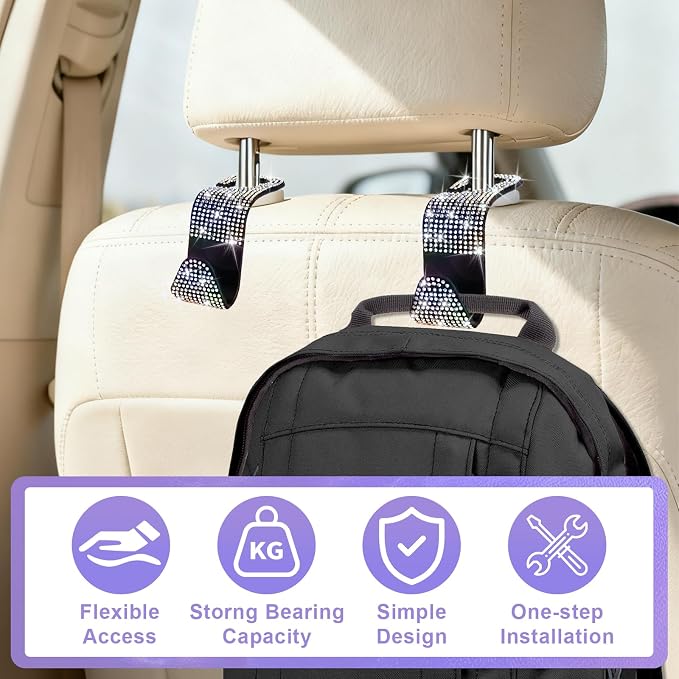 6 Pack Bling Car Seat Headrest Hooks, Bling Car Accessories for Women, Rhinestone Purse Hook for Car, Universal Storage Organizer for Handbag Grocery Bags Coats (Bling Colorful)