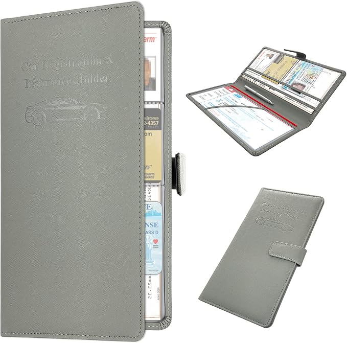 Car Registration & Insurance Holder - Leather Glove Box Organizer, Cool Accessories for ID, Driver's License Cards & Essential Documents, Men & Women, Gray