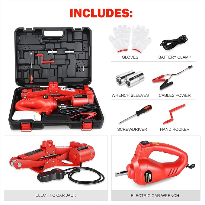 3T Portable Electric Scissor Lift Jack Kit - 4.7'' - 13.8''(12-35cm) 12V Lifting Range Electric Car Jack & Impact Wrench for Auto Sedan SUV Repair, TOOLS-00281