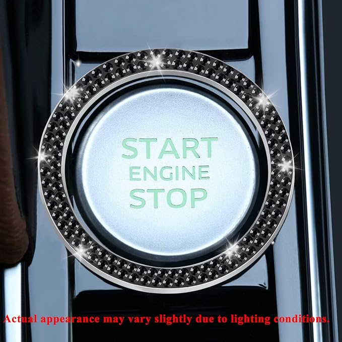 2 PCS Crystal Double Rhinestone Car Engine Start Stop Decoration Ring, Bling Car Interior Accessories for Women, Push to Start Button Cover Sticker, Automotive Decals, Black