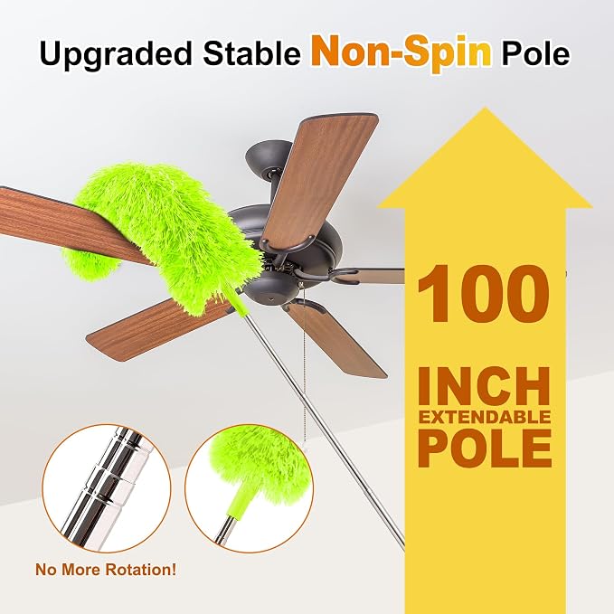 Duster with Extension Pole 100 inch Extendable Reusable Dusters for Cleaning 5-in-1 Anti-Spin Dusting Kits for High Ceiling Fans, Cobwebs & Vents, Reinforced Stainless Steel Telescopic Handle